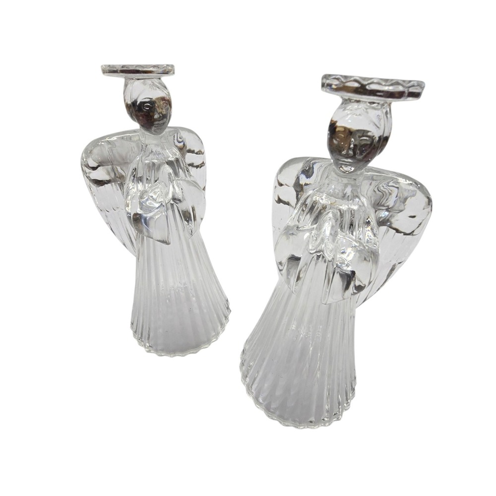 Vintage Avon ? Glass Praying Angels 7" Candle Holders PAIR Taper Ridged Holiday